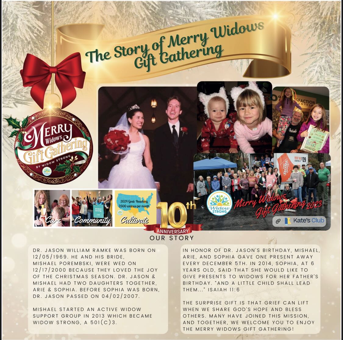 The Story of Merry Widows Gift Gathering, a commemorative poster with family photographs and a two-column Our Story section